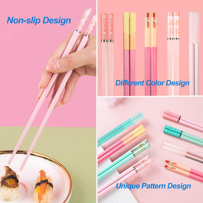 5 Pairs Reusable Chopsticks Dishwasher Safe, Fiberglass Premium Japanese Chines Korean Chopsticks for Sushi Noodles Ramen, Non-slip Chop Sticks, Lightweight, 9.6 inches- Green&Pink-E