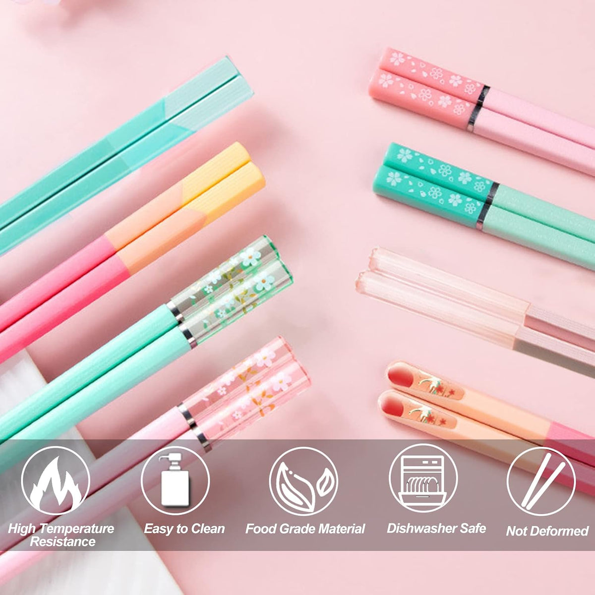 5 Pairs Reusable Chopsticks Dishwasher Safe, Fiberglass Premium Japanese Chines Korean Chopsticks for Sushi Noodles Ramen, Non-slip Chop Sticks, Lightweight, 9.6 inches- Green&Pink-E