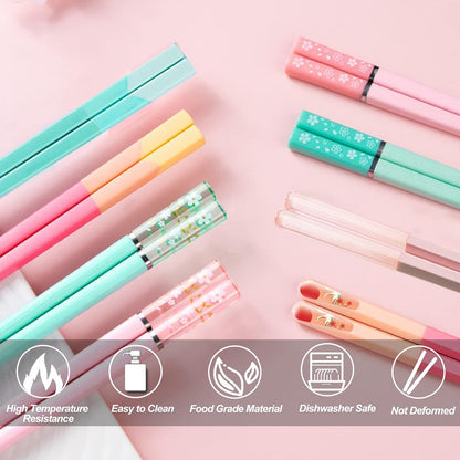 5 Pairs Reusable Chopsticks Dishwasher Safe, Fiberglass Premium Japanese Chines Korean Chopsticks for Sushi Noodles Ramen, Non-slip Chop Sticks, Lightweight, 9.6 inches- Green&Pink-E