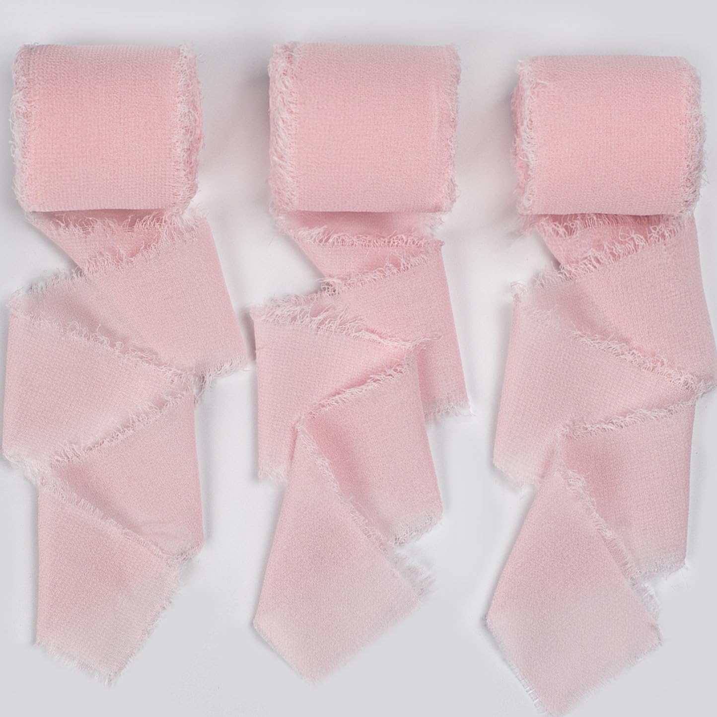 Pink Ribbon, Light Pink Chiffon Ribbon, Pastel Pink Silk Party Supply, 1.5''x21Yd Handmade Frayed Fringe Ribbon for Wrapping, Floral Vase, Crafts, Birthday, Wedding, Showers, 3 Rolls