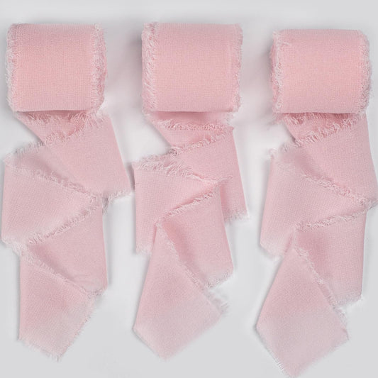 Pink Ribbon, Light Pink Chiffon Ribbon, Pastel Pink Silk Party Supply, 1.5''x21Yd Handmade Frayed Fringe Ribbon for Wrapping, Floral Vase, Crafts, Birthday, Wedding, Showers, 3 Rolls