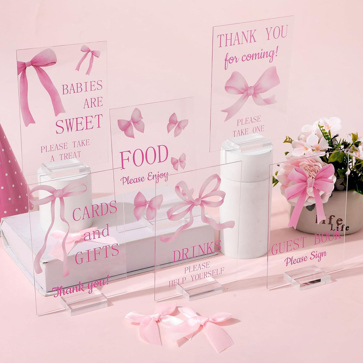 6 Pcs Pink Bow Baby Shower Table Decorations Pink Take One Acrylic Sign Coquette Thank You Sign Table Centerpieces with Stand Wedding Birthday Party Decor Supplies Favors for Guests Gift 5 x 7in