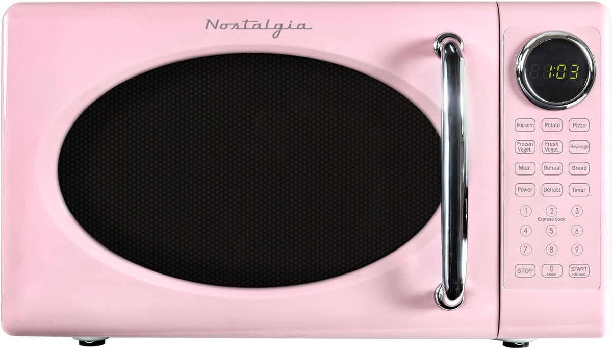 Retro Microwave Oven - 0.7 Cu Ft, 700-Watt Countertop Size with Glass Turntable, Child Safety Lock, 8 Auto-Cook Programs, Digital Clock - Pink