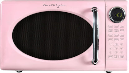 Retro Microwave Oven - 0.7 Cu Ft, 700-Watt Countertop Size with Glass Turntable, Child Safety Lock, 8 Auto-Cook Programs, Digital Clock - Pink