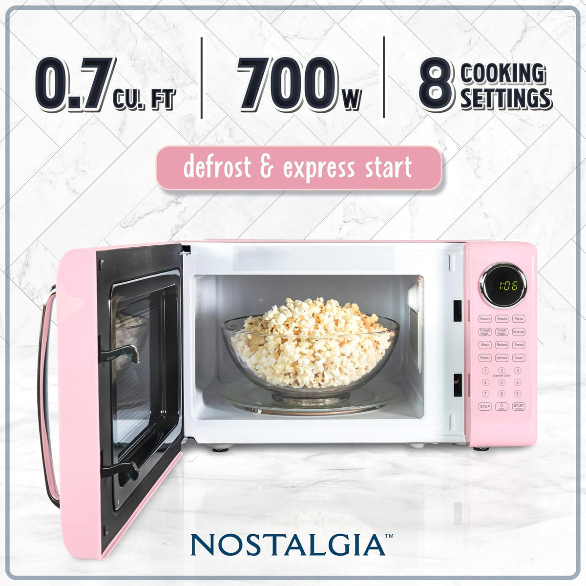 Retro Microwave Oven - 0.7 Cu Ft, 700-Watt Countertop Size with Glass Turntable, Child Safety Lock, 8 Auto-Cook Programs, Digital Clock - Pink