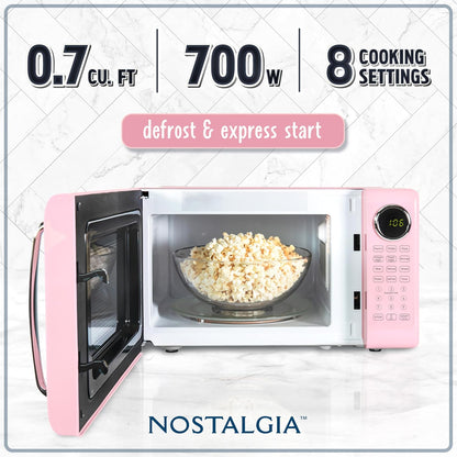 Retro Microwave Oven - 0.7 Cu Ft, 700-Watt Countertop Size with Glass Turntable, Child Safety Lock, 8 Auto-Cook Programs, Digital Clock - Pink