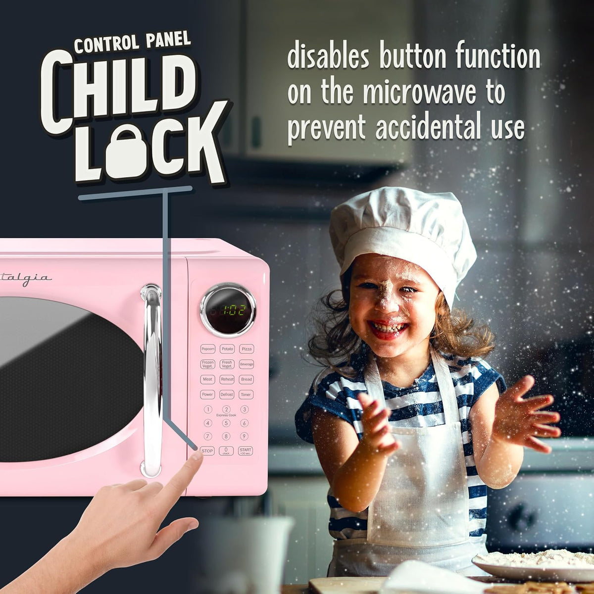 Retro Microwave Oven - 0.7 Cu Ft, 700-Watt Countertop Size with Glass Turntable, Child Safety Lock, 8 Auto-Cook Programs, Digital Clock - Pink