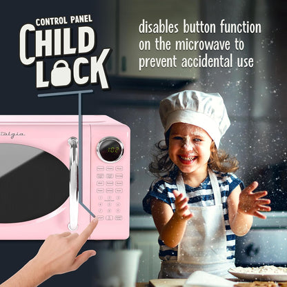 Retro Microwave Oven - 0.7 Cu Ft, 700-Watt Countertop Size with Glass Turntable, Child Safety Lock, 8 Auto-Cook Programs, Digital Clock - Pink