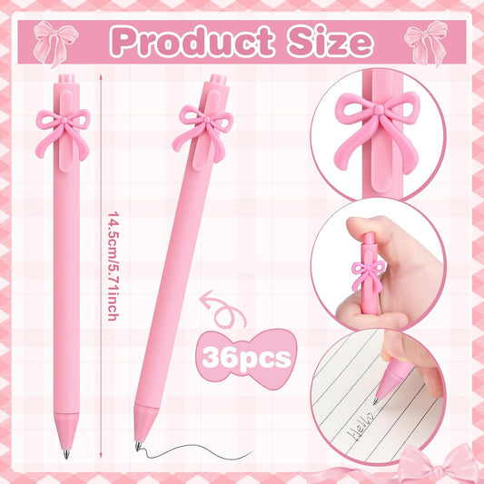 36 Pcs Pink Bow Pens Coquette Black Ink Birthday Ballpoint Bulk