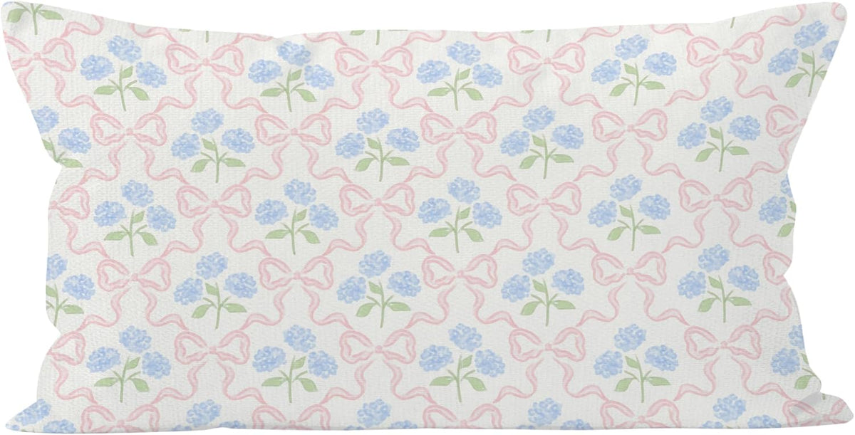 Coquette Pink Bow Hydrangea Floral Pillow Covers 12x20, Coquette Room Decor, Preppy Ribbon Bow Blue Hydrangea Flower Decorative Lumbar Pillow Covers for Girls Bedroom Dorm Home