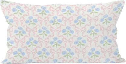 Coquette Pink Bow Hydrangea Floral Pillow Covers 12x20, Coquette Room Decor, Preppy Ribbon Bow Blue Hydrangea Flower Decorative Lumbar Pillow Covers for Girls Bedroom Dorm Home