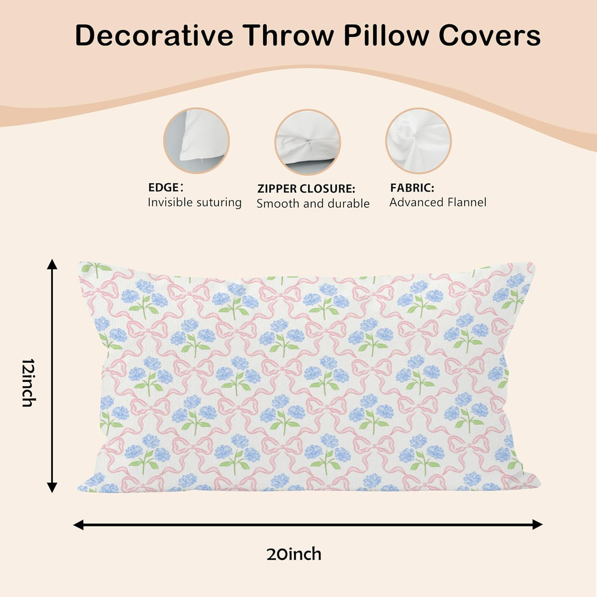 Coquette Pink Bow Hydrangea Floral Pillow Covers 12x20, Coquette Room Decor, Preppy Ribbon Bow Blue Hydrangea Flower Decorative Lumbar Pillow Covers for Girls Bedroom Dorm Home