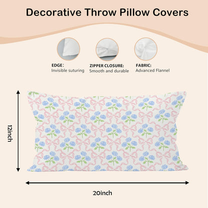 Coquette Pink Bow Hydrangea Floral Pillow Covers 12x20, Coquette Room Decor, Preppy Ribbon Bow Blue Hydrangea Flower Decorative Lumbar Pillow Covers for Girls Bedroom Dorm Home