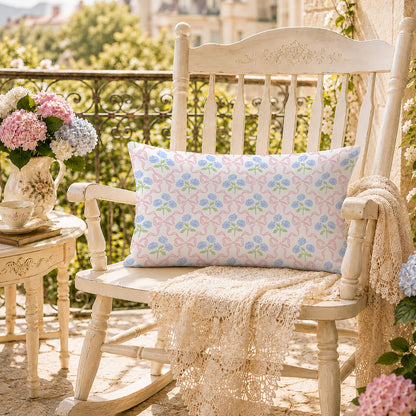 Coquette Pink Bow Hydrangea Floral Pillow Covers 12x20, Coquette Room Decor, Preppy Ribbon Bow Blue Hydrangea Flower Decorative Lumbar Pillow Covers for Girls Bedroom Dorm Home