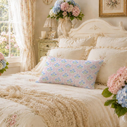 Coquette Pink Bow Hydrangea Floral Pillow Covers 12x20, Coquette Room Decor, Preppy Ribbon Bow Blue Hydrangea Flower Decorative Lumbar Pillow Covers for Girls Bedroom Dorm Home