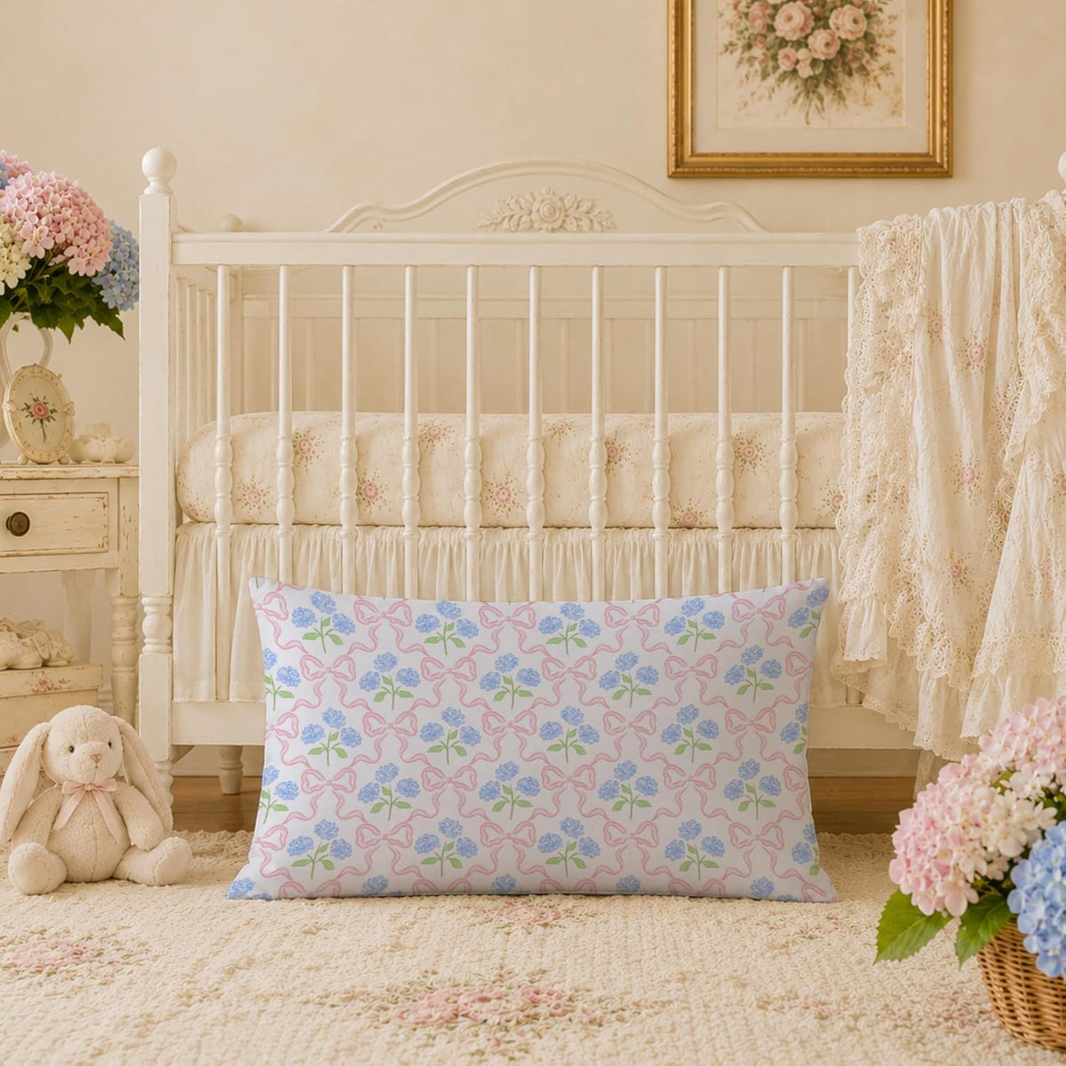 Coquette Pink Bow Hydrangea Floral Pillow Covers 12x20, Coquette Room Decor, Preppy Ribbon Bow Blue Hydrangea Flower Decorative Lumbar Pillow Covers for Girls Bedroom Dorm Home