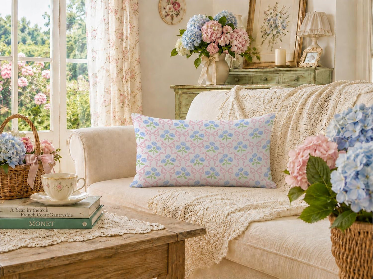 Coquette Pink Bow Hydrangea Floral Pillow Covers 12x20, Coquette Room Decor, Preppy Ribbon Bow Blue Hydrangea Flower Decorative Lumbar Pillow Covers for Girls Bedroom Dorm Home