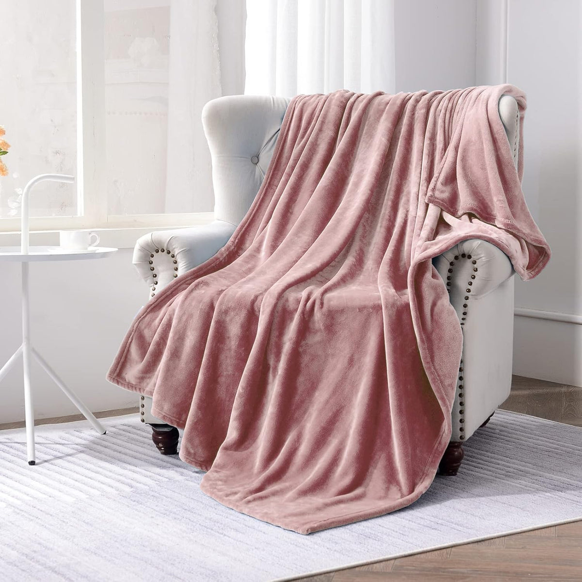 Flannel Fleece Blanket Twin Size, All Season Super Soft Cozy Blanket for Bed or Couch, Dusty Pink 60inch X80''