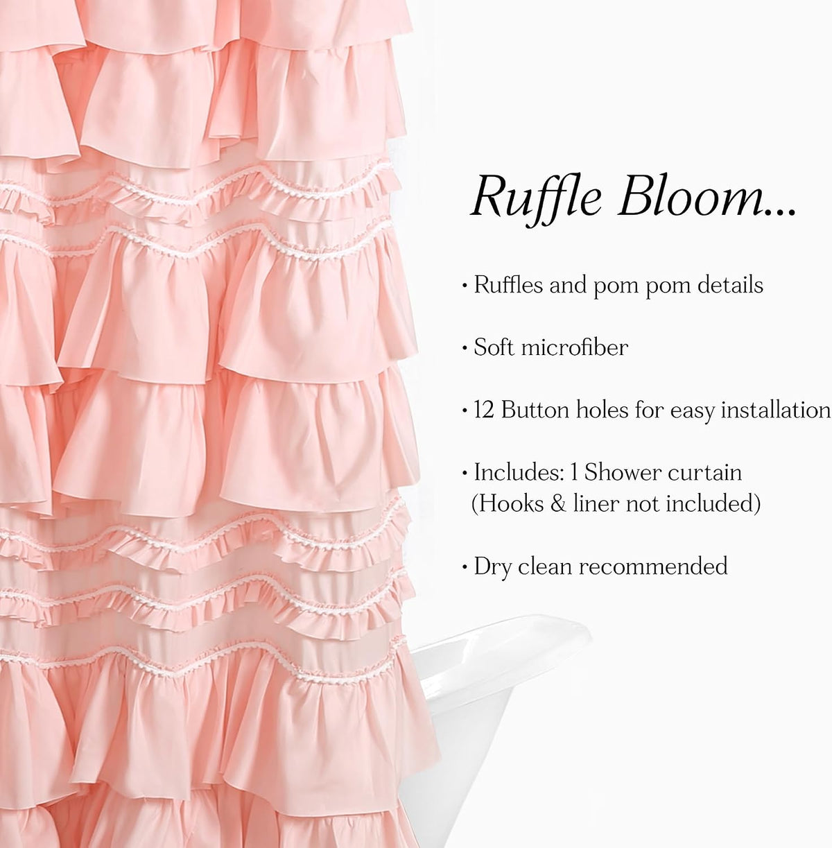 Kemmy Ruffled Shower Curtain, Single, 72" W x 72" L, Peachy Pink - Bathroom Curtain - Fabric Shower Curtains for Bathroom - Coquette Decor