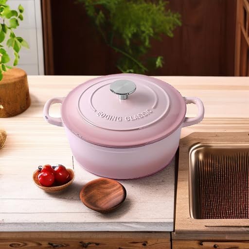 EDGING CASTING Enameled Cast Iron Covered Dutch Oven with Lid Round Pot for Bread Baking, 7 Quart, Pink