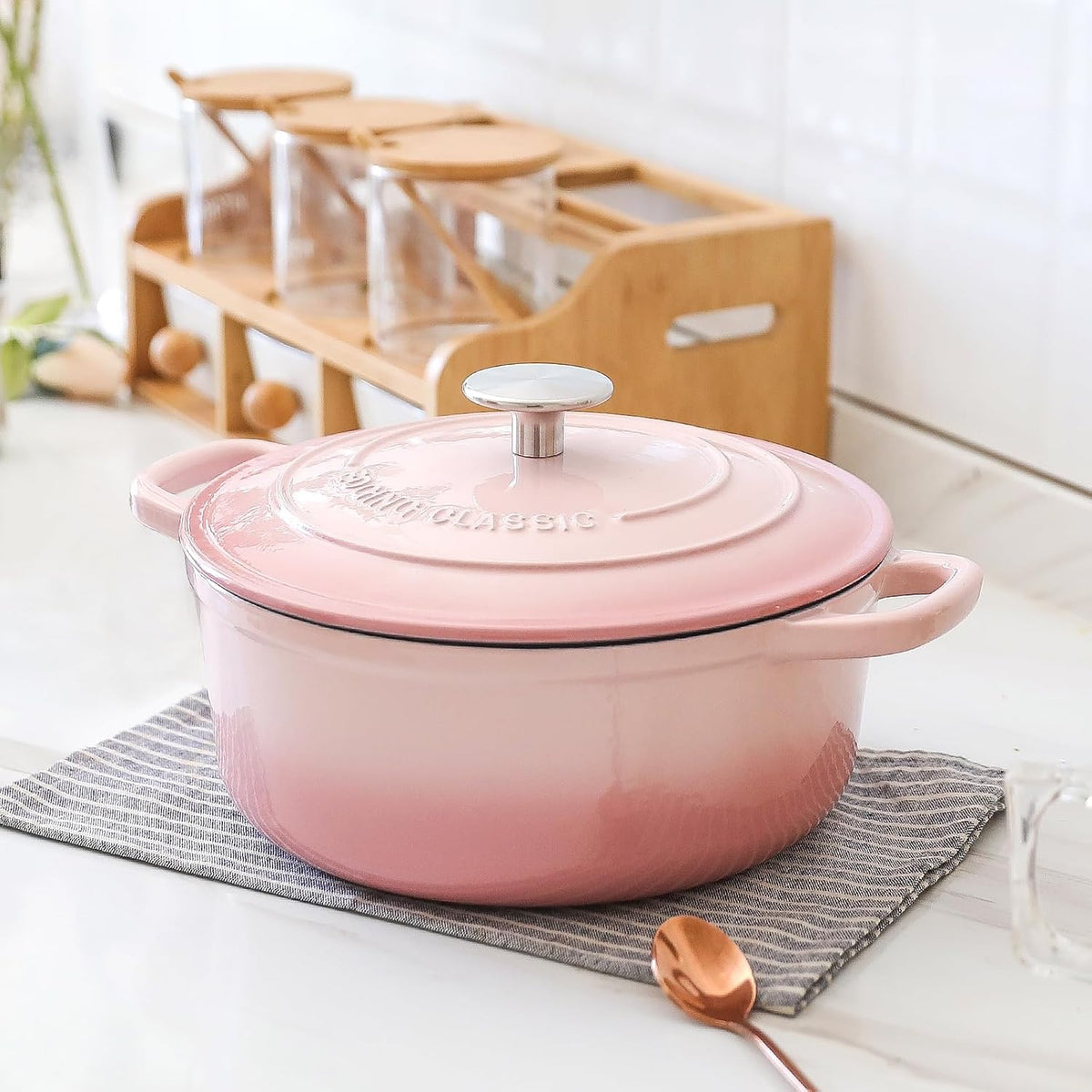 EDGING CASTING Enameled Cast Iron Covered Dutch Oven with Lid Round Pot for Bread Baking, 7 Quart, Pink