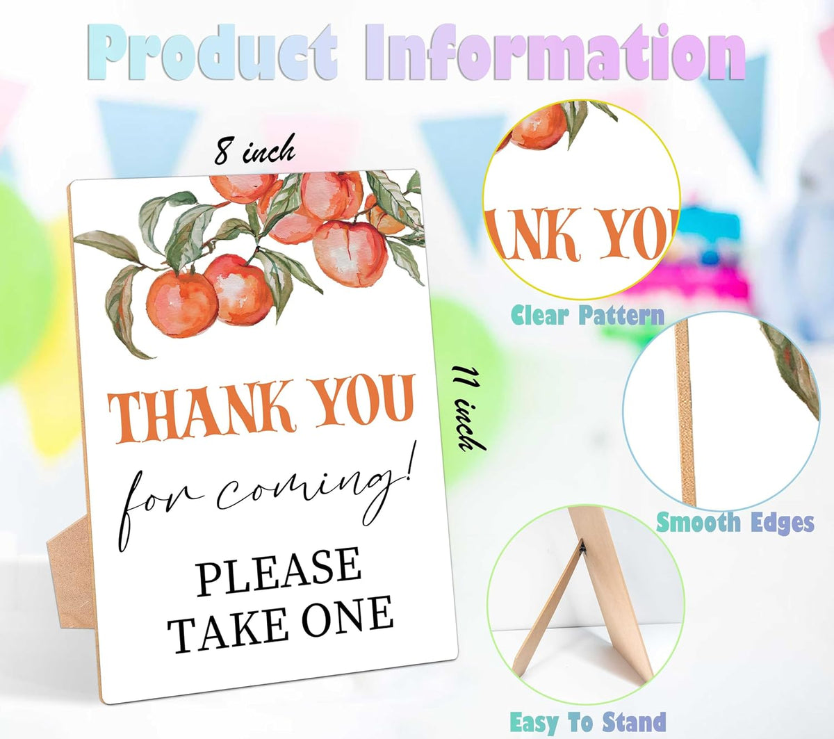 Peach Baby Shower Table Sign, Thank You For Coming Sign, Pack of 1 Wooden Tabletop Sign with Stand, Sweet Peach Baby Shower Supplies, Gender Reveal Party Decorations - RG55