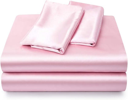 Satin Bed Sheets Set, California King Sheets, 4 Pieces, Pink