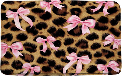 Leopard Print Pink Bow Bath Mat Bowknot Brown Cheetah Modern Fashion Girls for Bathtub Area Decor(16x47 Inch)