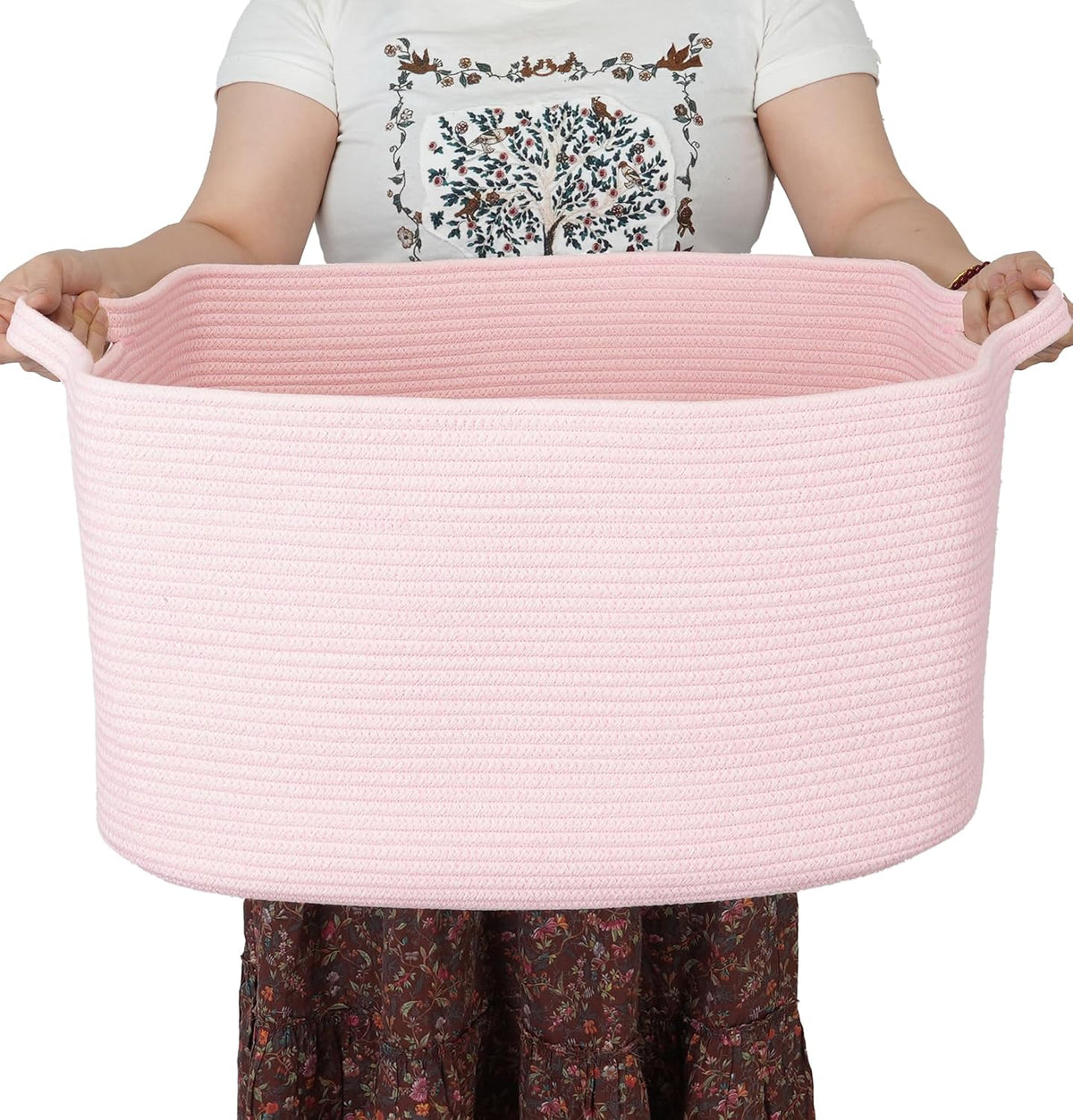 Large Rectangle Woven Cotton Rope Blanket Basket 22"x17"x12" Pink