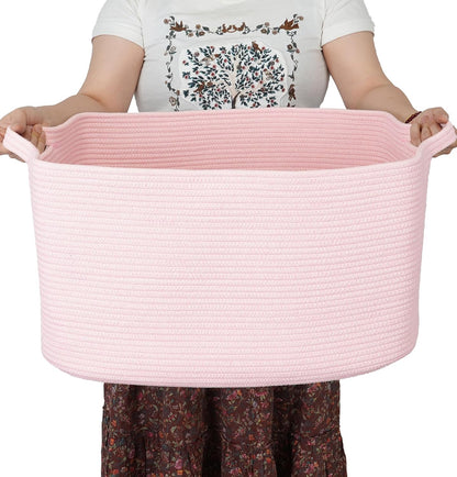 Large Rectangle Woven Cotton Rope Blanket Basket 22"x17"x12" Pink