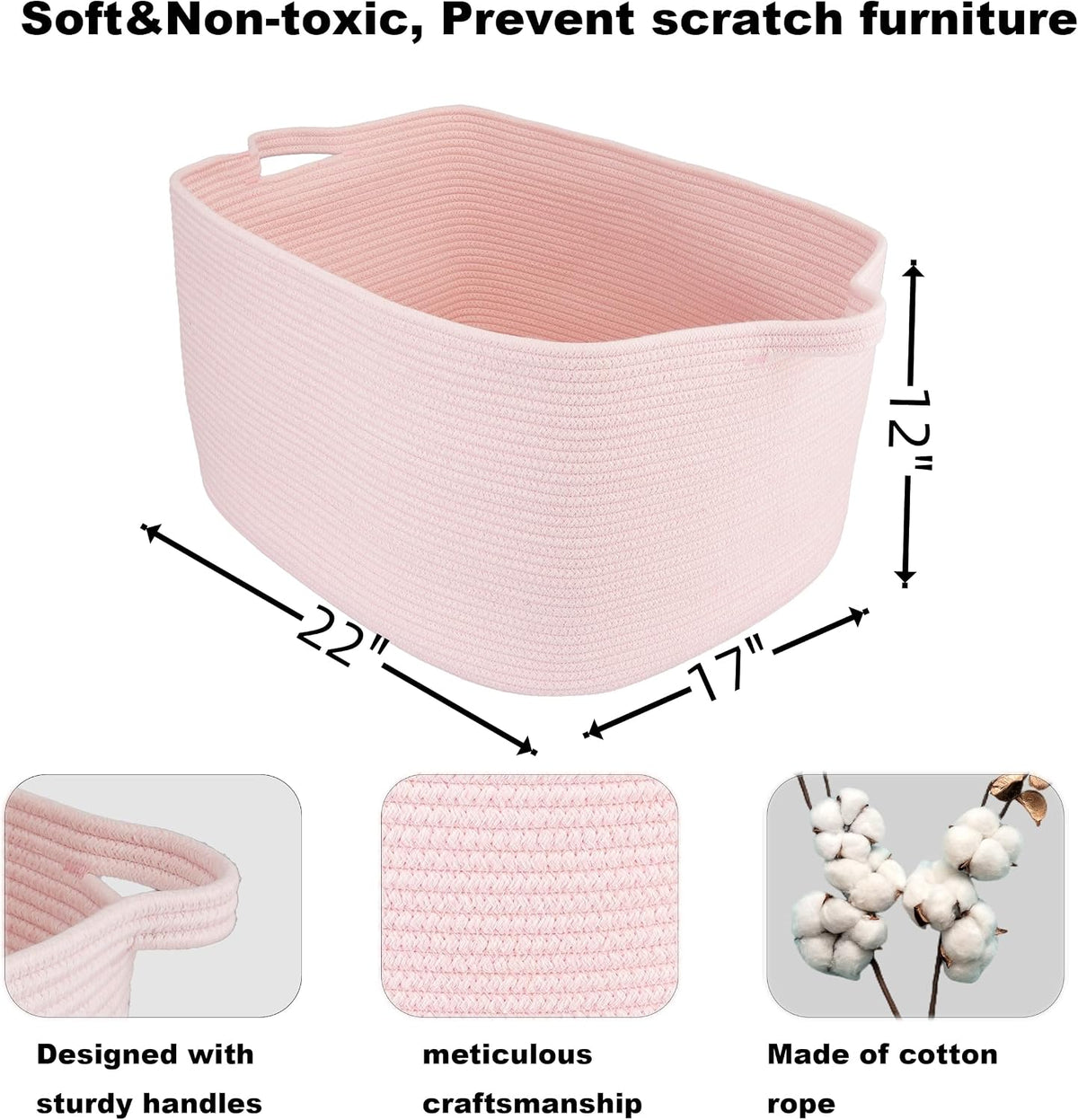 Large Rectangle Woven Cotton Rope Blanket Basket 22"x17"x12" Pink