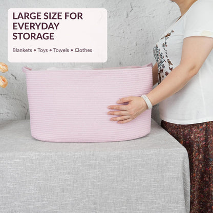 Large Rectangle Woven Cotton Rope Blanket Basket 22"x17"x12" Pink