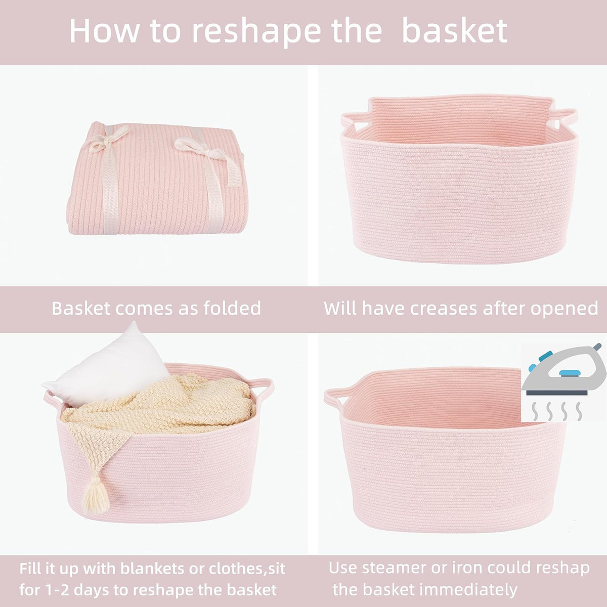 Large Rectangle Woven Cotton Rope Blanket Basket 22"x17"x12" Pink