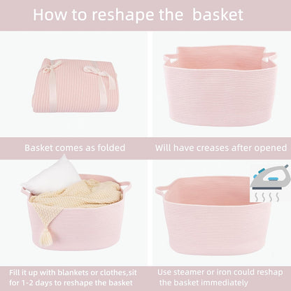 Large Rectangle Woven Cotton Rope Blanket Basket 22"x17"x12" Pink