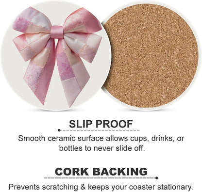 Light Pink Bow Balloon Patchwork Embroidery Coasters Set of 4 Absorbent Coasters