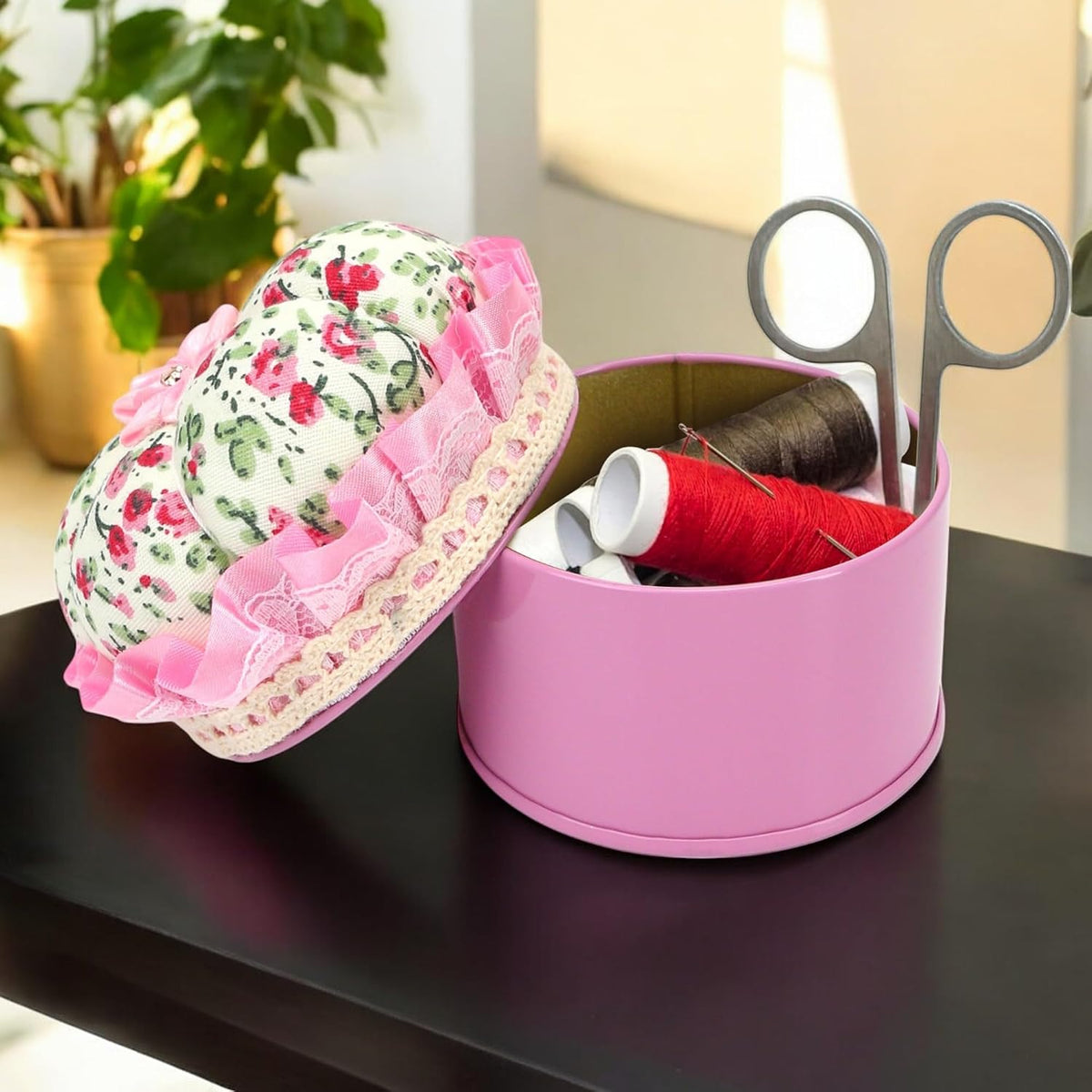 Pink Pin Cushion Lid with Iron Storage Jar, Needles Quilting Pins Holder Case for Sewing, Ideal Gifts for Women, Moms, Grandmas & Quilting Enthusiasts - Room Home Decor DIY Craft