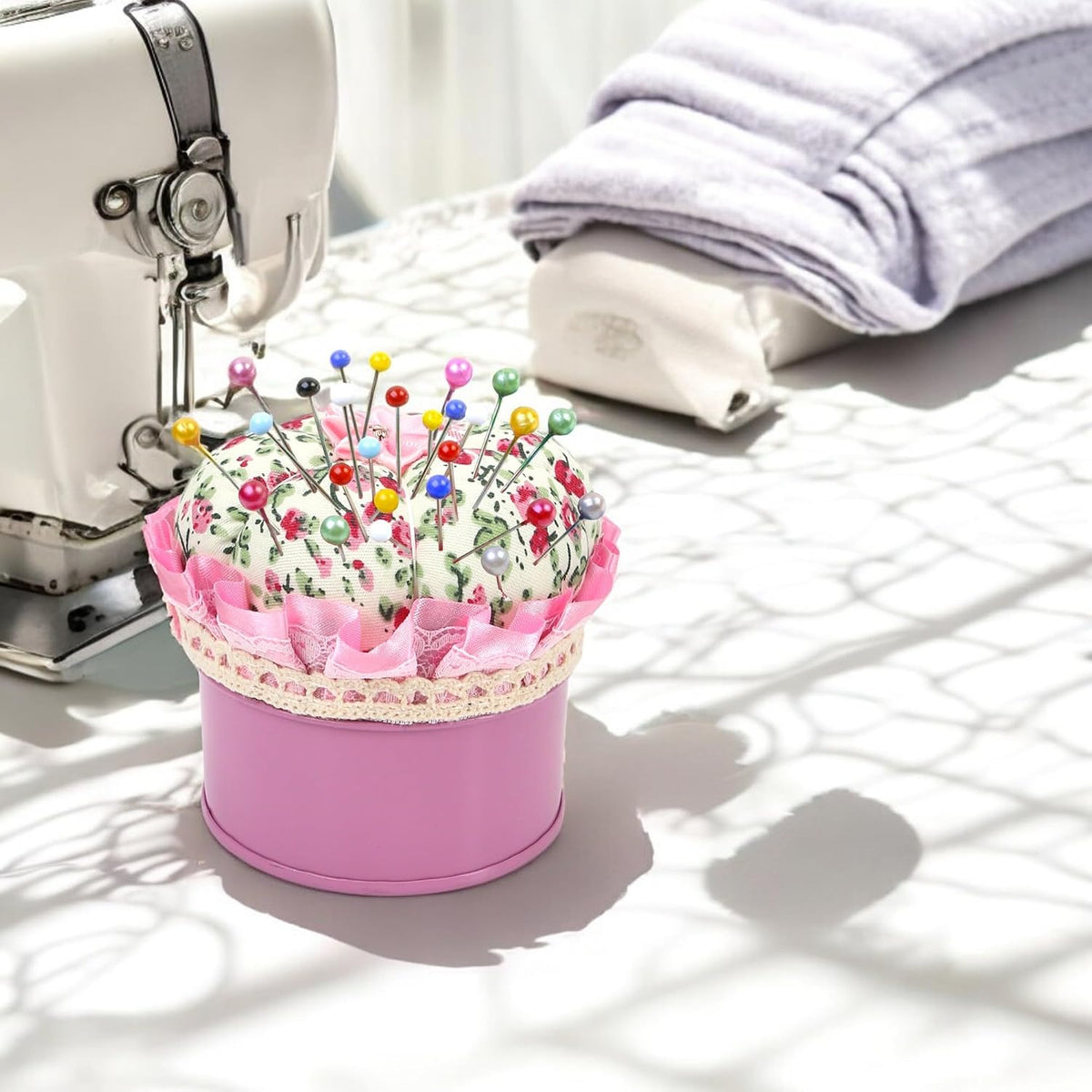 Pink Pin Cushion Lid with Iron Storage Jar, Needles Quilting Pins Holder Case for Sewing, Ideal Gifts for Women, Moms, Grandmas & Quilting Enthusiasts - Room Home Decor DIY Craft