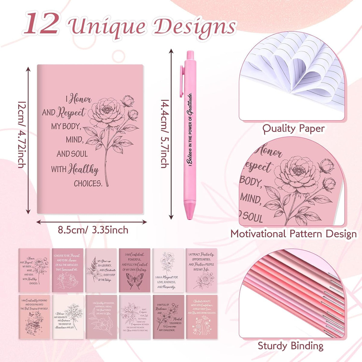 24 Pcs Affirmation Notebooks Pens Bulk Gifts, Gratitude,Pink