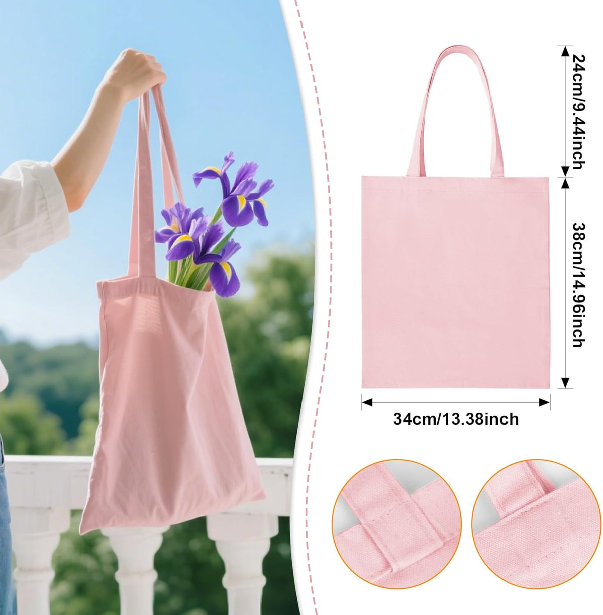 Blank Canvas Tote Bags - 4 Pack Pink Cotton Totes with Handles