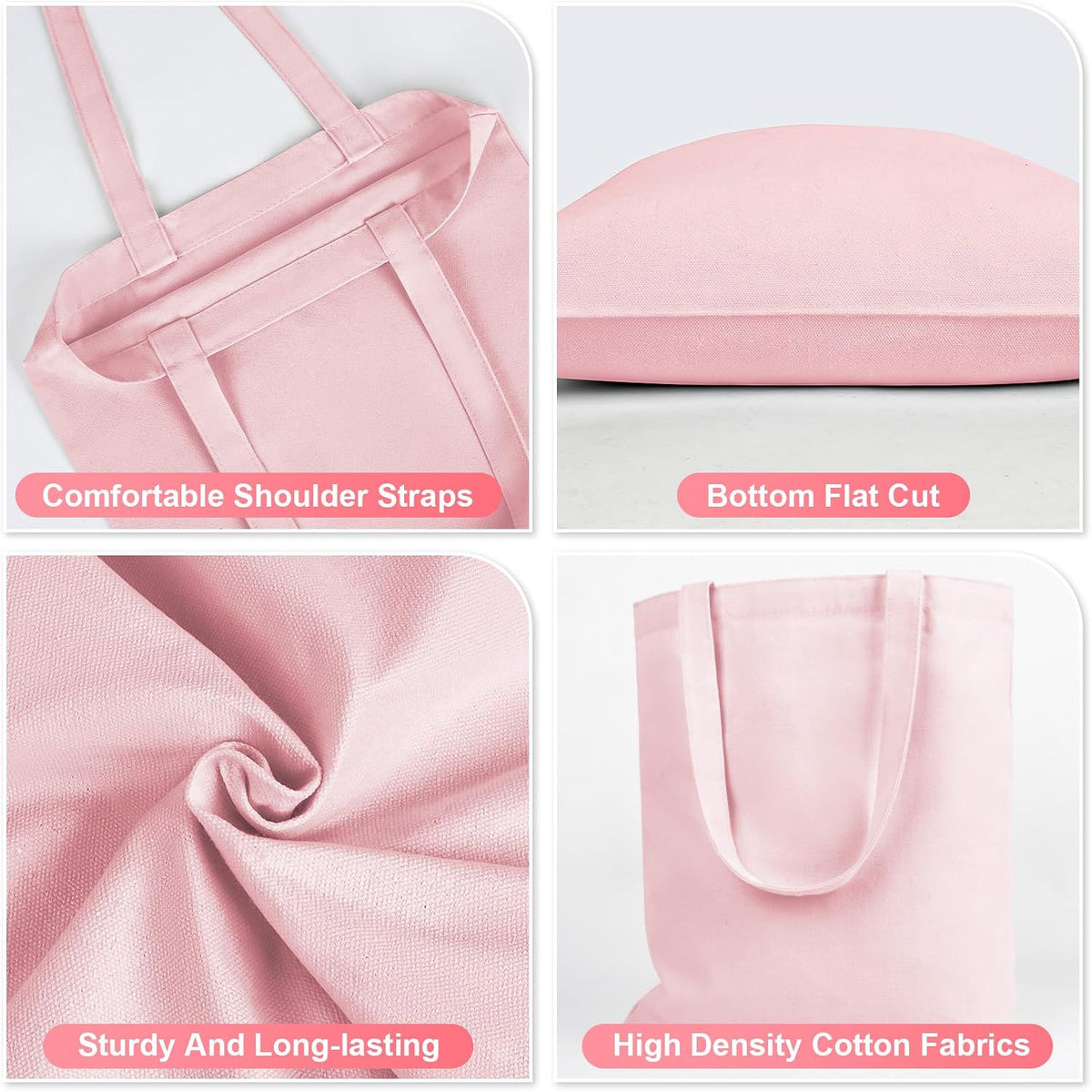 Blank Canvas Tote Bags - 4 Pack Pink Cotton Totes with Handles