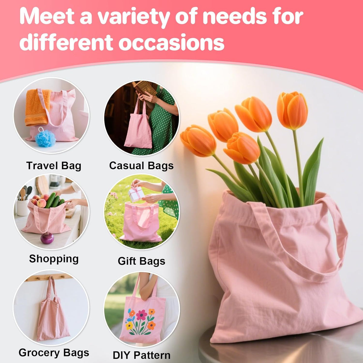 Blank Canvas Tote Bags - 4 Pack Pink Cotton Totes with Handles