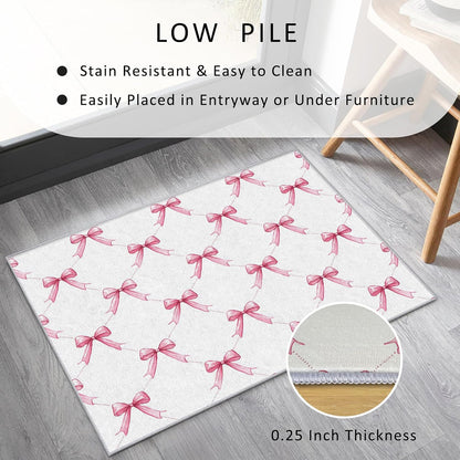 Pink Bow Throw Rug for Entryway, Washable Non Slip, 2x3 Small Indoor Doormat Bowknot Kids Boys Girls Design for Bedroom Kitchen, Pink Bow Home Decor Door Mat, Low Pile Soft