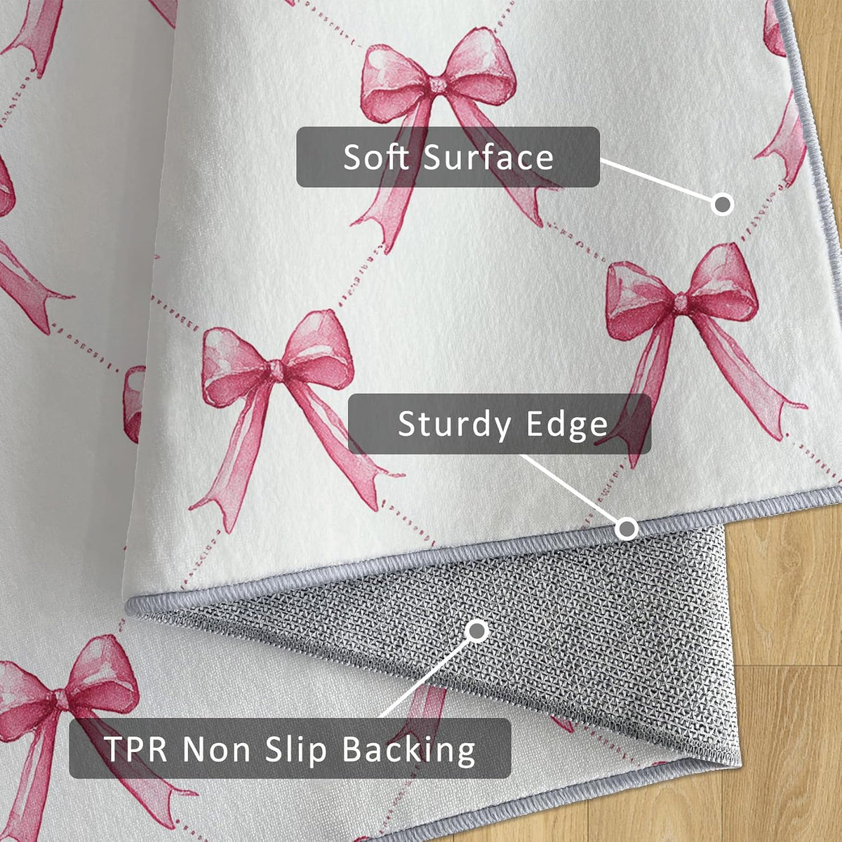 Pink Bow Throw Rug for Entryway, Washable Non Slip, 2x3 Small Indoor Doormat Bowknot Kids Boys Girls Design for Bedroom Kitchen, Pink Bow Home Decor Door Mat, Low Pile Soft