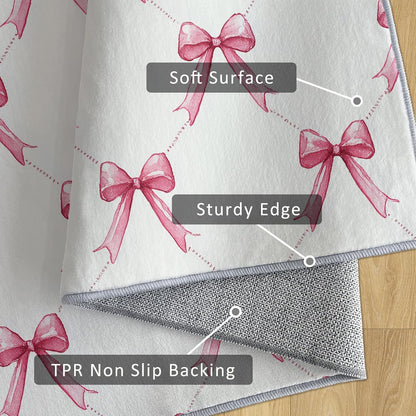 Pink Bow Throw Rug for Entryway, Washable Non Slip, 2x3 Small Indoor Doormat Bowknot Kids Boys Girls Design for Bedroom Kitchen, Pink Bow Home Decor Door Mat, Low Pile Soft