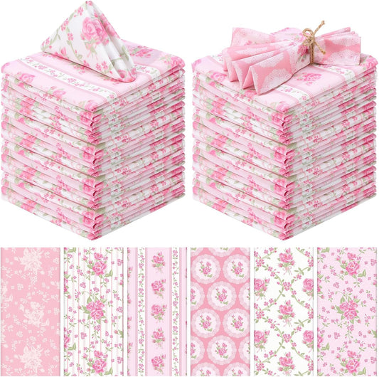12 Pcs Floral Cloth Napkins 6 Patterns Washable Dinner Tea Party Napkins Reusable Plant Flowers Square Napkin Cotton Towel Decorative for Summer Wildflower Party(Pink Flowers)