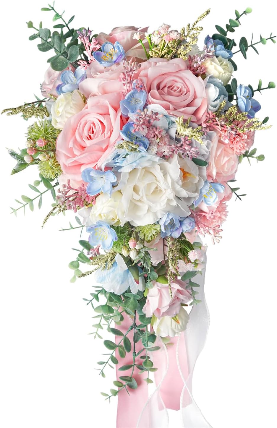 Large Pink Rose Bouquets for Bride Spring Summer Wedding Creamy Blue Blush Pink White Cascading Bridal Bouquet Artificial Silk Flower Boho Rustic Ceremony Anniversary Decor Toss Bouquet