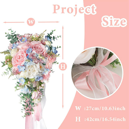 Large Pink Rose Bouquets for Bride Spring Summer Wedding Creamy Blue Blush Pink White Cascading Bridal Bouquet Artificial Silk Flower Boho Rustic Ceremony Anniversary Decor Toss Bouquet