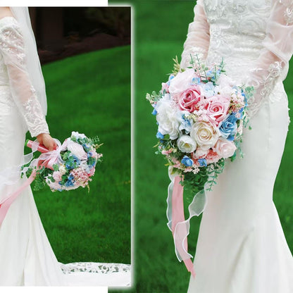 Large Pink Rose Bouquets for Bride Spring Summer Wedding Creamy Blue Blush Pink White Cascading Bridal Bouquet Artificial Silk Flower Boho Rustic Ceremony Anniversary Decor Toss Bouquet