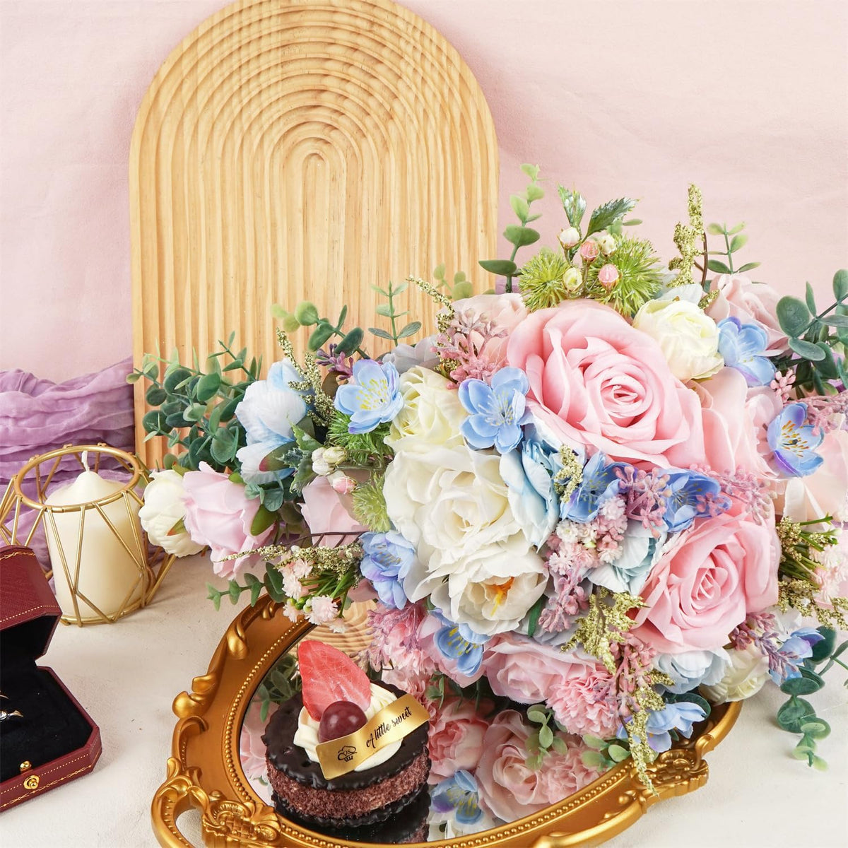 Large Pink Rose Bouquets for Bride Spring Summer Wedding Creamy Blue Blush Pink White Cascading Bridal Bouquet Artificial Silk Flower Boho Rustic Ceremony Anniversary Decor Toss Bouquet