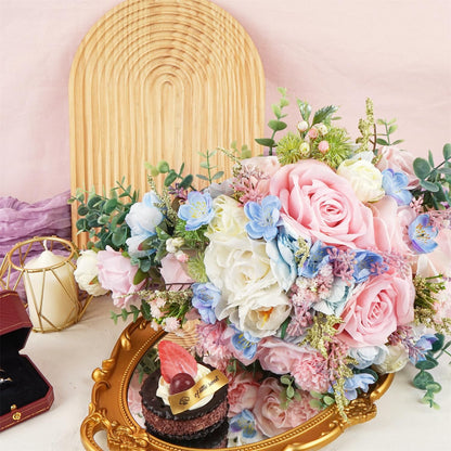 Large Pink Rose Bouquets for Bride Spring Summer Wedding Creamy Blue Blush Pink White Cascading Bridal Bouquet Artificial Silk Flower Boho Rustic Ceremony Anniversary Decor Toss Bouquet